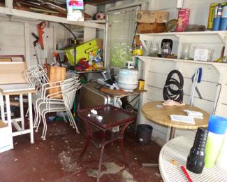 Lots of garage items, outdoor iron table with chair