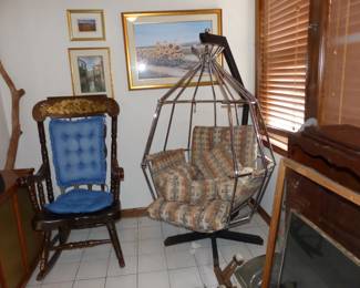 Vintage modern swivel birdcage hanging chair, traditional rocking chair, framed pictures