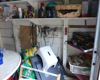 Lots of garage items, outdoor iron table with chair