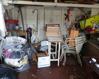 Lots of garage items, outdoor iron table with chair
