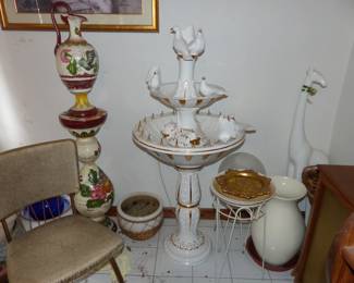 Bric-a-brac, pitcher on pedestal, resting birds water fountain