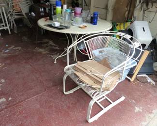 Lots of garage items, outdoor iron table with chair