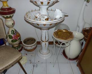 Bric-a-brac, pitcher on pedestal, resting birds water fountain