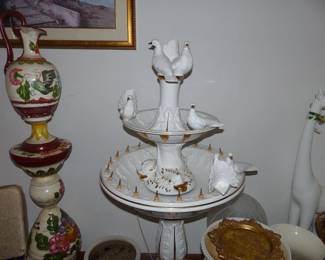 Bric-a-brac, pitcher on pedestal, resting birds water fountain