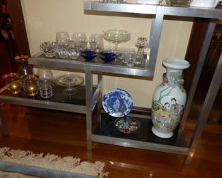 Vintage modern 4 tier console table display shelf, bric-a-brac, Asian vase