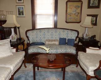 Antique wood frame sofa, butlers tray coffee table