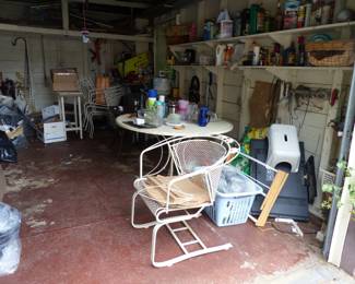 Lots of garage items, outdoor iron table with chair