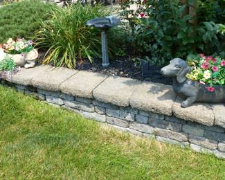 Birdbath, dog planters