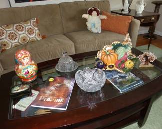 2 tier glass top coffee table, bric-a-brac