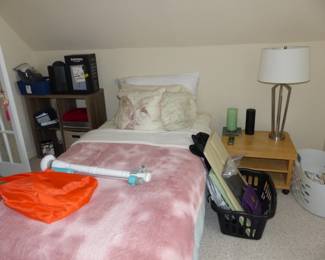 Bed, side table, storage shelves