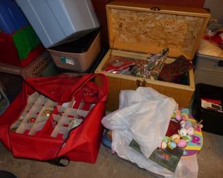 Basement with lots of assorted things including holiday decorations!!