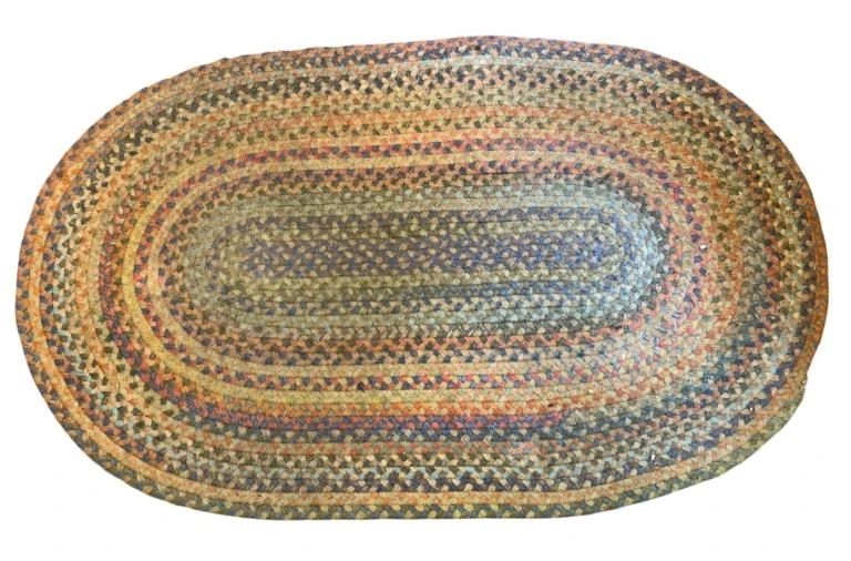1 - Vintage Oval Braided Rug 53"x32" (Description): Vintage oval braided rug featuring multicolored concentric bands in warm earth tones including gold, rust, blue, green, and cream. The traditional braided construction creates a classic country aesthetic. Measures 53 inches by 32 inches.