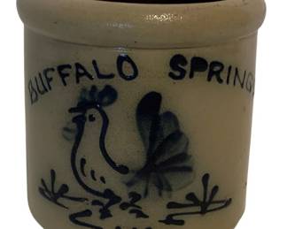 29 - Buffalo Springs VA Stoneware Crock (Description): Buffalo Springs, VA stoneware crock featuring a hand-painted cobalt blue rooster decoration on a salt-glazed cream body. The crock has a rolled rim with brown Albany slip interior glaze. Measures 4.5" x 4.25".