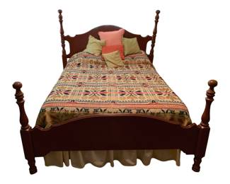 515 - Queen Size Bed Frame w/ Full Size Mattress (Description): 54"x79"x64" - Queen Size four-poster bed with full size mattress/bedding. The bed features turned wooden posts with ball finials and an arched headboard in a rich cherry or mahogany finish. Measures 54 inches wide by 79 inches long by 64 inches tall.