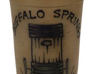 161 - Buffalo Springs VA Stoneware Crock 7"x5" (Description): Buffalo Springs VA stoneware crock featuring hand-painted decoration of a barrel or water cooler with the text "Buffalo Springs" arched above and "VA." below. The crock has a traditional cylindrical form with a rolled rim and brown-glazed interim. Measures 7 inches tall by 5 inches in diameter.
