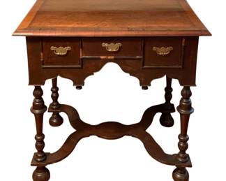 117 - Wood Table w/ 3 Drawers 29"x29.5"x19.5" (Description): A wood table featuring three drawers with brass bail pulls. The table has turned legs connected by a curved stretcher base and rests on bun feet. The top displays a crossbanded border. Measures 29 inches high by 29.5 inches wide by 19.5 inches deep. Table is missing some trim.