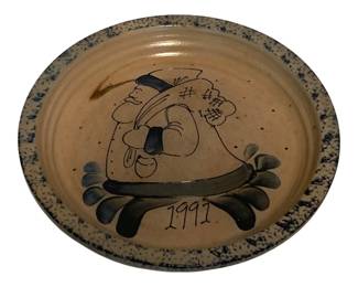 70 - 1991 Eldreth Pottery Pie Plate w/ Santa Design (Description): 11" diameter Hand-Painted Blue Salt-Glazed Santa Clause Design, signed by artist