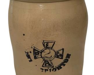 160 - P.E. Co. PA Stoneware Crock 11"x8.5" (Description): P.E. Co. PA stoneware crock featuring a cobalt blue decorated cross design with company markings. This antique Pennsylvania stoneware piece displays the characteristic salt-glazed finish typical of the period. Measures 11 inches tall by 8.5 inches in diameter.