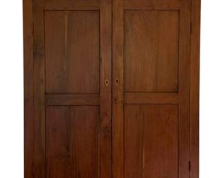 116 - Hanging Wood Cabinet 46"x40"x11" (Description): Hanging wood cabinet featuring two paneled doors with decorative keyhole escutcheons and a dentil molding detail along the crown. Measures 46 inches high by 40 inches wide by 11 inches deep.
