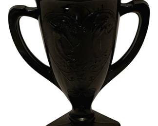 196 - Black Glass Trophy Vase w/ Bird Motif (Description): Measures 7 inches tall by 6 inches wide by 4 inches deep.