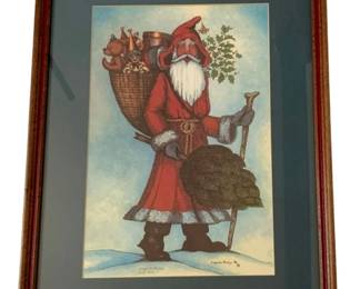 185 - Old World Santa Folk Art Print by Laquita Phillips (Description): Signed and numbered 269/950, 1986. The piece is professionally framed with a dark mat. Measures 21 inches by 15.5 inches.
