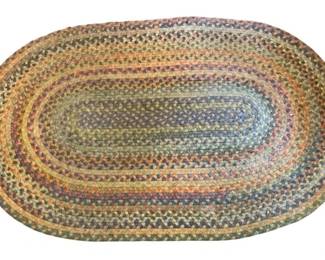1 - Vintage Oval Braided Rug 53"x32" (Description): Vintage oval braided rug featuring  multicolored concentric bands in warm earth  tones including gold, rust, blue, green, and  cream. The traditional braided construction  creates a classic country aesthetic. Measures 53 inches by 32 inches.