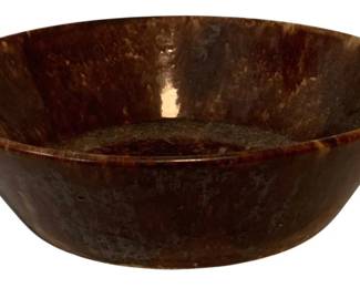 414 - Stoneware Bowl 3.5"x12" (Description): A handsome stoneware bowl featuring a rich brown glaze with mottled tortoiseshell-like variations throughout. The bowl has a classic flared form with gently sloping sides. Measures 3 1/2 inches tall by 12 inches in diameter.