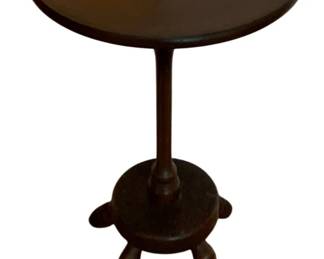 144 - Wood Table 22.25"x14" (Description): A wood table with a round top and pedestal base supported by four turned splayed legs. Measures 22.25 inches in height by 14 inches in diameter.