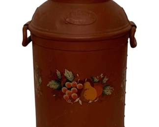 168 - Dairymens Supply Co Painted Milk Can 19.5"x12"x10" (Description): Metal Milk can featuring painted fruit and floral decoration on the front. The can has side handles and Measures 19.5 inches tall by 12 inches wide by 10 inches deep.