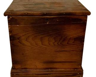 169 - Primitive Wood Storage Box 11"x11.5"x11" (Description): A rustic wood storage box with hinged lid. The box features a simple, functional design with a molded base. Measures 11 inches by 11.5 inches by 11 inches.