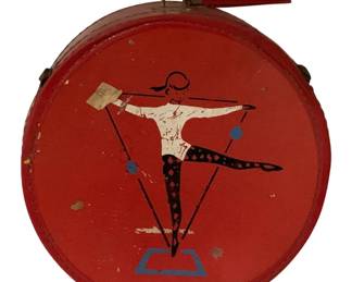 494 - Vtg Round Children's Suitcase w/ ballerina graphic (Description): Contents included. Measures 4.5" x 11" x 12".