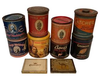 221 - Collection of Tobacco Tins & Cigarette Tins (Description): A collection of vintage tobacco tins featuring various classic American brands. The lot includes Prince Albert Crimp Cut pipe and cigarette tobacco tins, George Washington pipe tobacco tins by R.J. Reynolds Tobacco Co., a Red Man tobacco tin, Briggs Pipe Mixture tin, Granger Rough Cut pipe tobacco tin, and a Catcher Rough Cut pipe tobacco tin. Also included are a Chesterfield cigarette tin and a Camel Turkish & Domestic