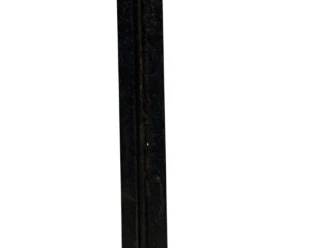 42 - Cast Iron Shoe Cobbler Stand 25" (Description): Cast iron shoe cobbler stand measuring 25 inches tall. This antique cobbler's tool features a black painted finish with a curved shoe last form at the top, a turned column post, and a decorative footed base. The stand retains its original patina with expected wear consistent with age and use.