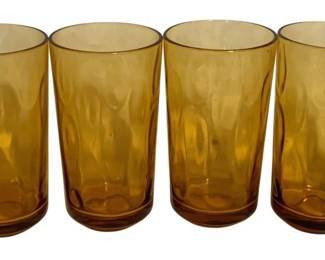 13 - 4 Amber Glass Tumblers w/ Thumbprint 6" (Description): Set of four amber glass tumblers featuring a thumbprint or coin dot pattern. The glasses have a warm honey-amber coloring that deepens toward the base, creating an attractive hombre effect. Each tumbler measures 6 inches tall. Mid-century modern style drinking glasses in excellent vintage condition.