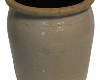 9 - Gray Salt Glazed Stoneware Crock 8"x7" - as is (Description): Antique stoneware crock featuring a gray salt-glazed exterior with a brown Albany slip interior. The crock has a rolled rim and classic cylindrical form typical of 19th century utilitarian pottery. Measures 8 inches tall by 7 inches in diameter. Sold as-is with chipping noted.
