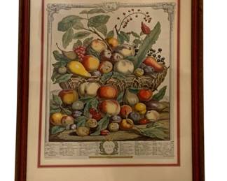 130 - Framed Print "12 Months of Fruit" Series, July (Description): Framed print measuring 22 inches by 17 inches. The print is presented in a wooden frame with matting.