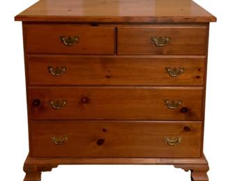 141 - Vintage Dresser 37.5"x37.5"x16" (Description): Vintage dresser featuring five drawers with brass bail pulls in a traditional Chippendale style. The piece has two smaller drawers at the top and three full-width drawers below, resting on ogee bracket feet. Measures 37.5 inches wide by 37.5 inches tall by 16 inches deep.