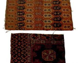 132 - 2 Mini Rug Samples 10.5"x19" (Description): Two miniature rug samples featuring traditional geometric patterns and motifs. The pieces showcase varied color palettes and weaving techniques typical of handmade rugs. Each sample measures approximately 10.5 inches by 19 inches.