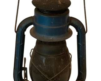 412 - Dietz Lantern 13.5" (Description): Vintage Dietz kerosene lantern in blue and black painted metal finish. Shows desirable patina and wear consistent with age. Measures 13.5 inches tall.