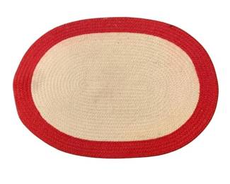 152 - Braided Rug 34"x24.5" (Description): Braided rug featuring an oval shape with a cream center and red border. Measures 34 inches by 24.5 inches.