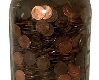 471 - Jar of Pennies 9.5" (Description): A vintage glass mason jar filled with assorted U.S. pennies. Measures 9.5 inches tall.