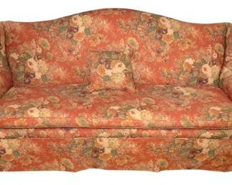 249 - Vintage Floral Upholstered Camelback Sofa (Description): Measures 37 inches high by 75 inches wide by 31 inches deep.