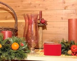 134 - Holiday Decor Lot w/ Basket Candles Greenery
