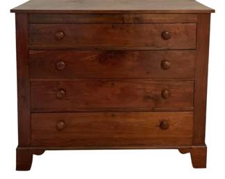 450 - Antique 4-Drawer Dresser 40"x45"x19.5" (Description): Antique four-drawer dresser featuring turned wooden knob pulls and bracket feet. Each drawer is fitted with two round wooden knobs and original keyhole escutcheons. The piece rests on classic bracket feet and displays traditional American craftsmanship. Measures 40" wide x 45" high x 19.5" deep.