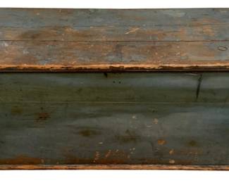 242 - Painted Blanket Chest 19"x42"x18" (Description): Painted blanket chest in original blue-green paint with natural wood wear showing through on the lid and edges. This primitive pine chest features a hinged lid, simple plank construction with exposed joinery, and a molded base. The piece displays authentic aged patina consistent with 19th century American country furniture. Measures 19 inches high by 42 inches wide by 18 inches deep.