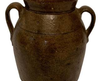 211 - Antique Brown Glazed Stoneware Crock 7.5"x7" (Description): Antique stoneware crock with brown glaze and two applied loop handles. The crock features a rolled rim and banded body typical of utilitarian pottery. Marked #3. Shows a chip. Measures 7.5 inches by 7 inches.