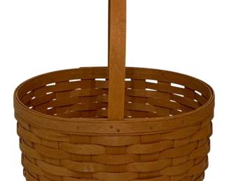 166 - Longaberger Basket 12.5"x11"x9.5" (Description): Longaberger basket with single handle in classic woven splint construction. Measures 12.5 inches by 11 inches by 9.5 inches.