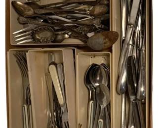 48 - Lot Assorted Silverware & Flatware (Description): A tray lot of assorted silverware and flatware including knives, forks, spoons, and various serving pieces.