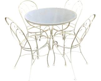 250 - Outdoor Patio Table w/ 4 Chairs - missing seats (Description): Table measures 29.5 inches in diameter and 29.5 inches tall. Chairs measure 35 inches high by 15 inches wide by 18 inches deep.