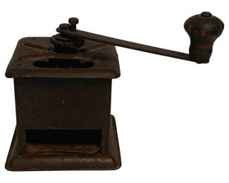 24 - Antique Cast Iron Coffee Mill Grinder 7.5"x5" (Description): Antique cast iron coffee mill grinder featuring a hand crank mechanism with a turned wooden handle. The grinder has a square box design with an open compartment at the base for collecting ground coffee. The piece displays an aged patina consistent with its age and use. Measures 7.5" x 5" x 5".